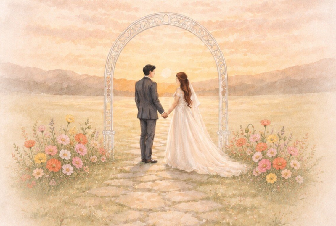 Aquarela de Danielle e Felipe de mãos dadas sob um arco florido, diante do pôr do sol num campo